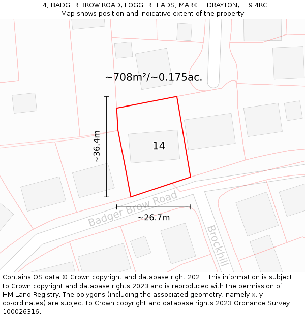 14, BADGER BROW ROAD, LOGGERHEADS, MARKET DRAYTON, TF9 4RG: Plot and title map