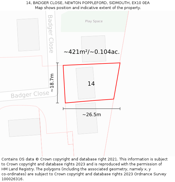 14, BADGER CLOSE, NEWTON POPPLEFORD, SIDMOUTH, EX10 0EA: Plot and title map