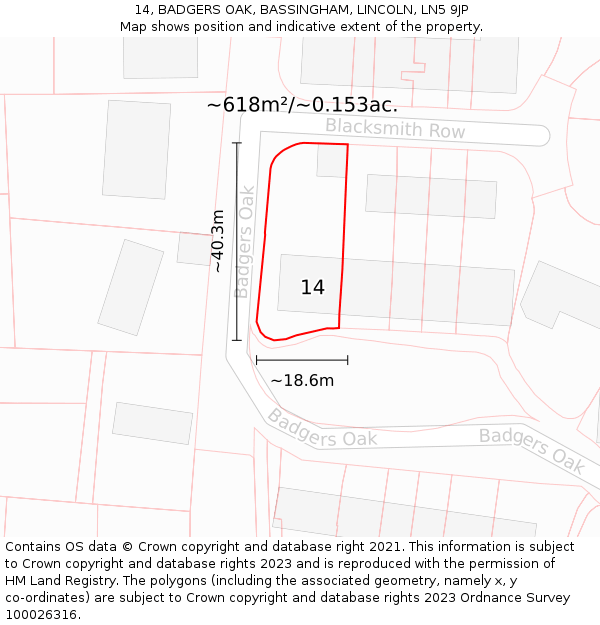 14, BADGERS OAK, BASSINGHAM, LINCOLN, LN5 9JP: Plot and title map