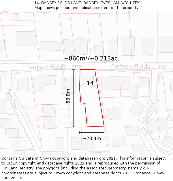 14, BADSEY FIELDS LANE, BADSEY, EVESHAM, WR11 7EX: Plot and title map