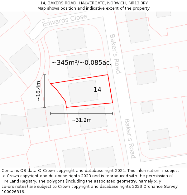 14, BAKERS ROAD, HALVERGATE, NORWICH, NR13 3PY: Plot and title map