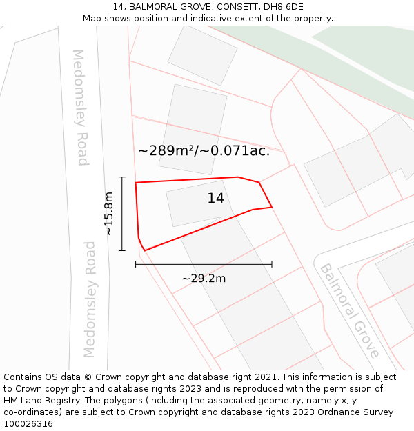 14, BALMORAL GROVE, CONSETT, DH8 6DE: Plot and title map