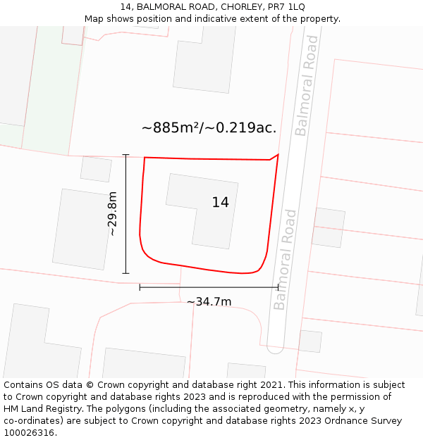 14, BALMORAL ROAD, CHORLEY, PR7 1LQ: Plot and title map