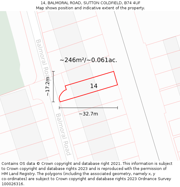 14, BALMORAL ROAD, SUTTON COLDFIELD, B74 4UF: Plot and title map