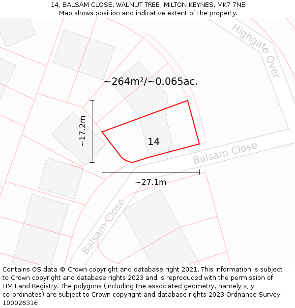 14, BALSAM CLOSE, WALNUT TREE, MILTON KEYNES, MK7 7NB: Plot and title map