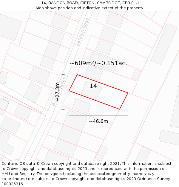 14, BANDON ROAD, GIRTON, CAMBRIDGE, CB3 0LU: Plot and title map