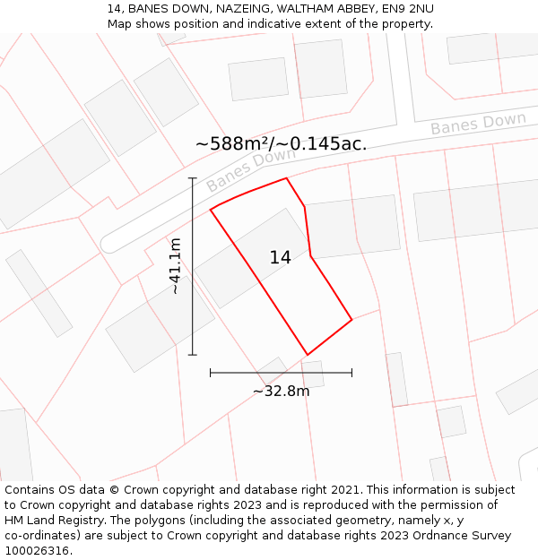 14, BANES DOWN, NAZEING, WALTHAM ABBEY, EN9 2NU: Plot and title map