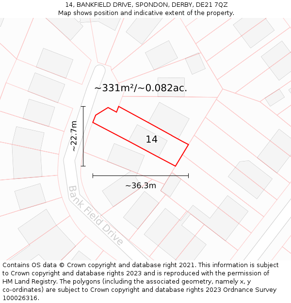 14, BANKFIELD DRIVE, SPONDON, DERBY, DE21 7QZ: Plot and title map