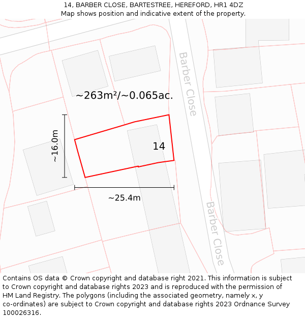 14, BARBER CLOSE, BARTESTREE, HEREFORD, HR1 4DZ: Plot and title map
