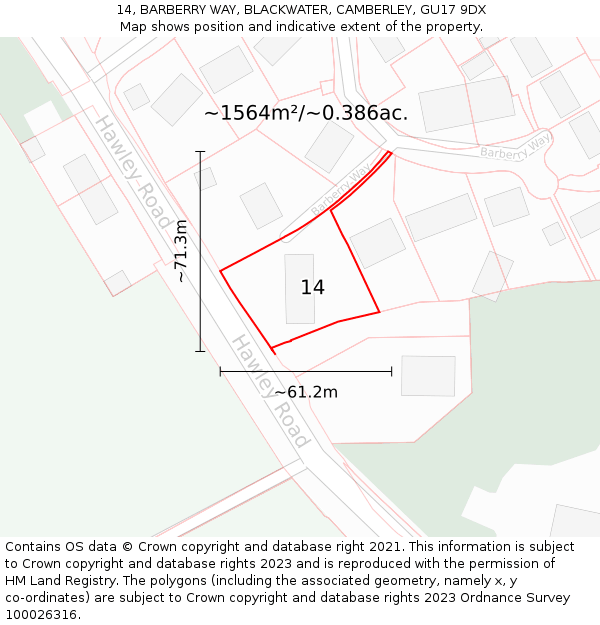 14, BARBERRY WAY, BLACKWATER, CAMBERLEY, GU17 9DX: Plot and title map