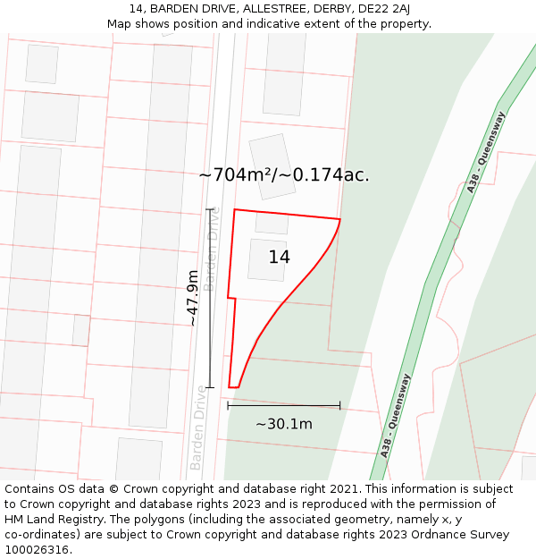 14, BARDEN DRIVE, ALLESTREE, DERBY, DE22 2AJ: Plot and title map