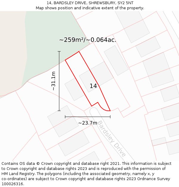 14, BARDSLEY DRIVE, SHREWSBURY, SY2 5NT: Plot and title map