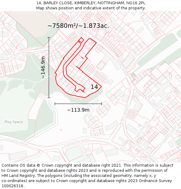 14, BARLEY CLOSE, KIMBERLEY, NOTTINGHAM, NG16 2PL: Plot and title map