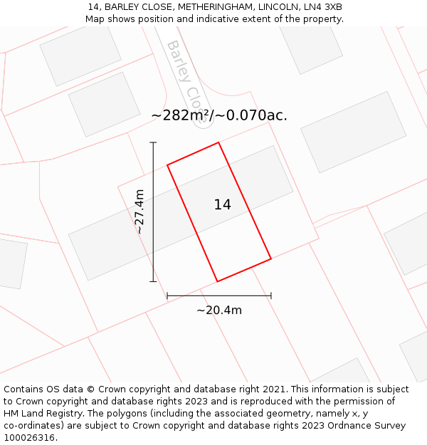 14, BARLEY CLOSE, METHERINGHAM, LINCOLN, LN4 3XB: Plot and title map