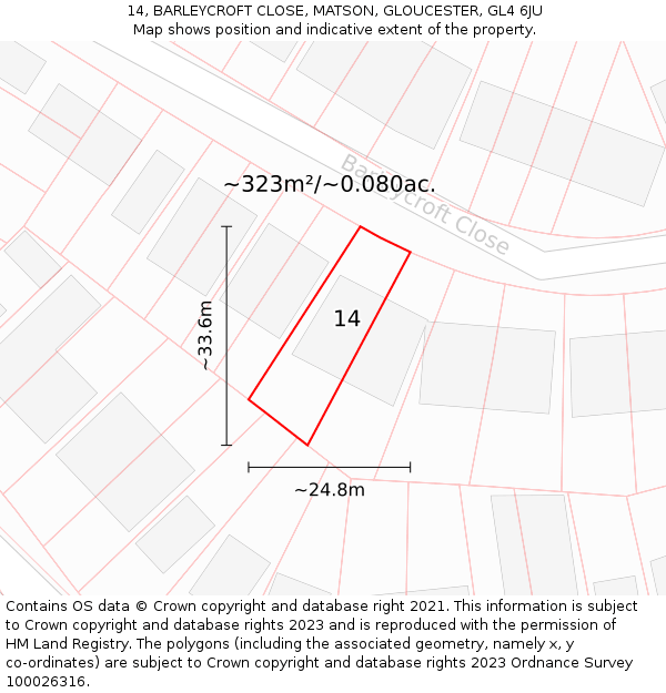 14, BARLEYCROFT CLOSE, MATSON, GLOUCESTER, GL4 6JU: Plot and title map