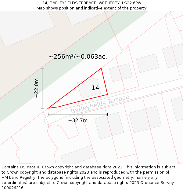 14, BARLEYFIELDS TERRACE, WETHERBY, LS22 6PW: Plot and title map