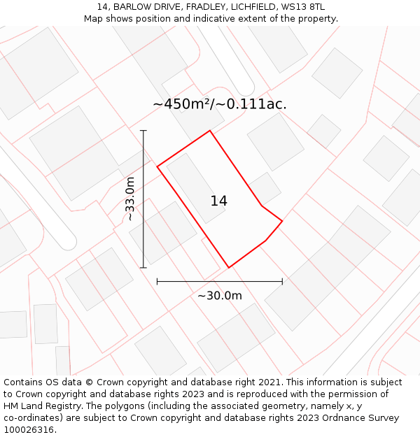 14, BARLOW DRIVE, FRADLEY, LICHFIELD, WS13 8TL: Plot and title map