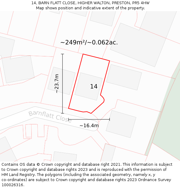 14, BARN FLATT CLOSE, HIGHER WALTON, PRESTON, PR5 4HW: Plot and title map