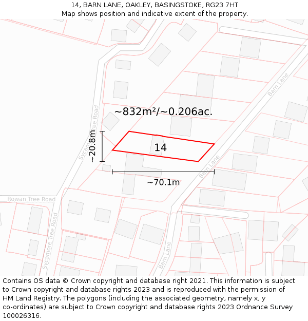 14, BARN LANE, OAKLEY, BASINGSTOKE, RG23 7HT: Plot and title map