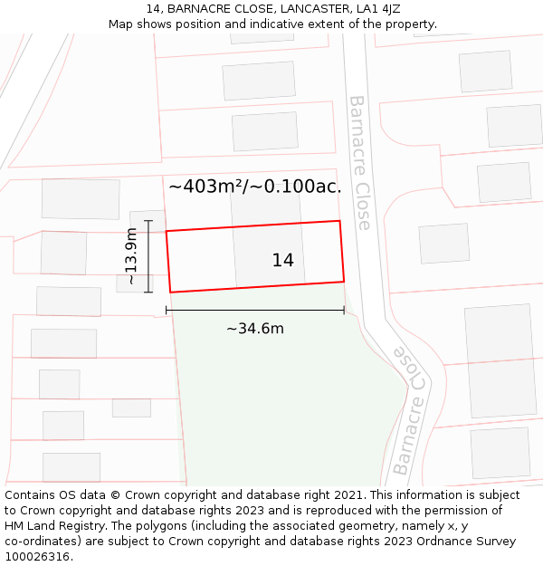 14, BARNACRE CLOSE, LANCASTER, LA1 4JZ: Plot and title map