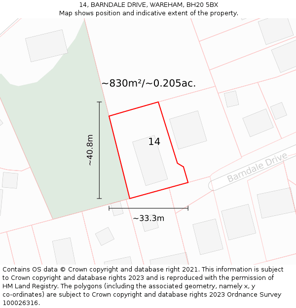14, BARNDALE DRIVE, WAREHAM, BH20 5BX: Plot and title map