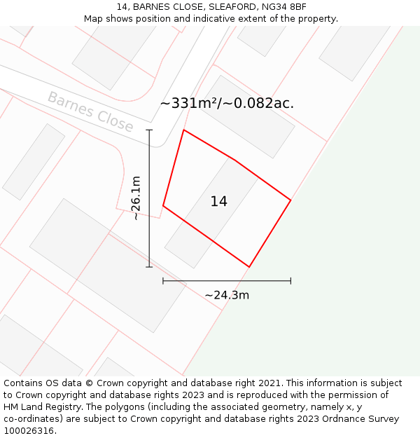 14, BARNES CLOSE, SLEAFORD, NG34 8BF: Plot and title map