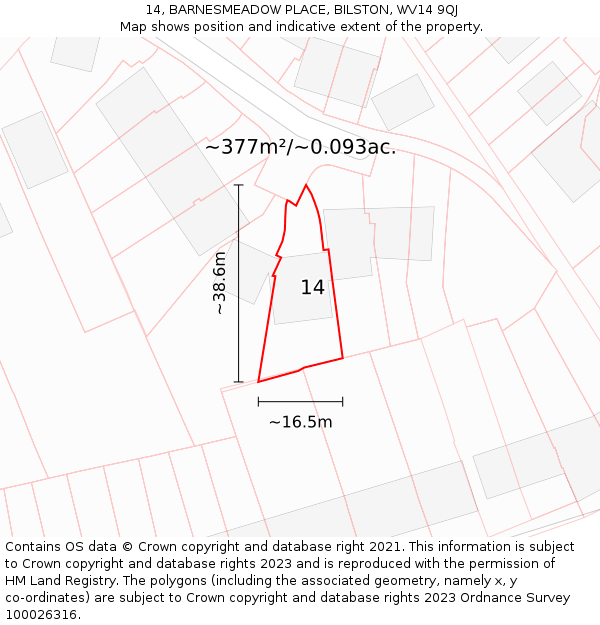 14, BARNESMEADOW PLACE, BILSTON, WV14 9QJ: Plot and title map