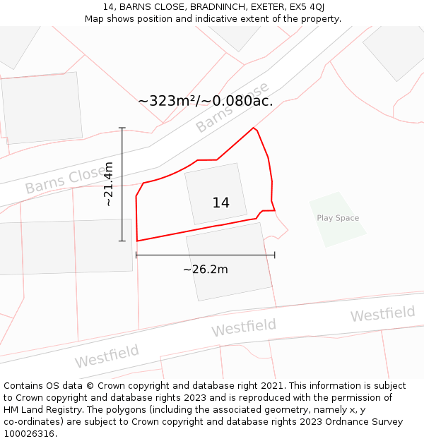 14, BARNS CLOSE, BRADNINCH, EXETER, EX5 4QJ: Plot and title map