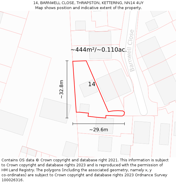14, BARNWELL CLOSE, THRAPSTON, KETTERING, NN14 4UY: Plot and title map