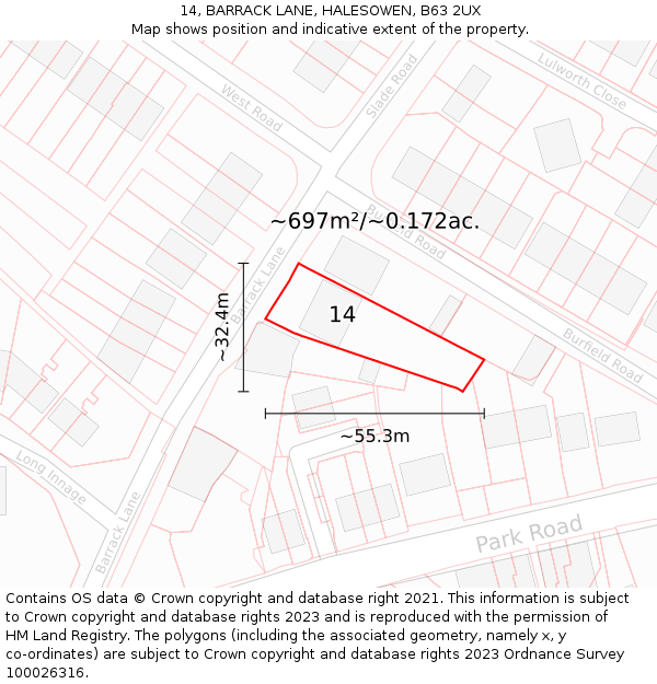 14, BARRACK LANE, HALESOWEN, B63 2UX: Plot and title map