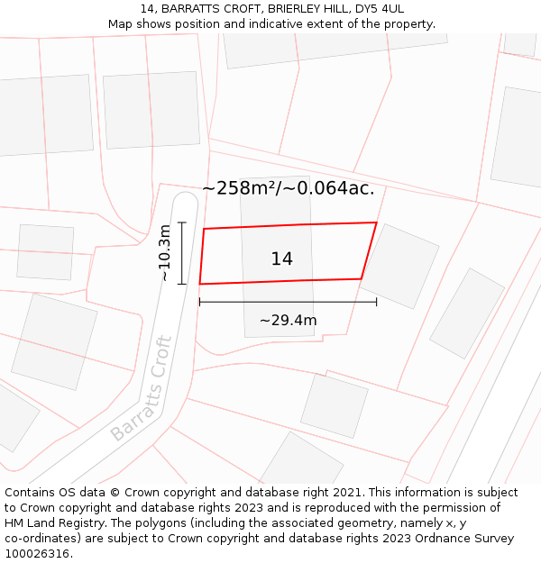 14, BARRATTS CROFT, BRIERLEY HILL, DY5 4UL: Plot and title map