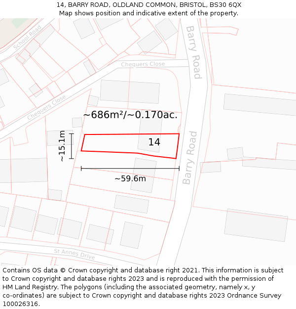 14, BARRY ROAD, OLDLAND COMMON, BRISTOL, BS30 6QX: Plot and title map