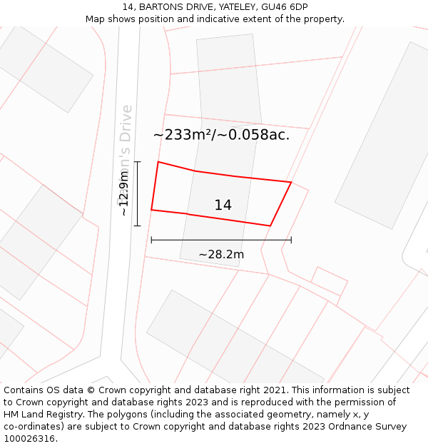 14, BARTONS DRIVE, YATELEY, GU46 6DP: Plot and title map