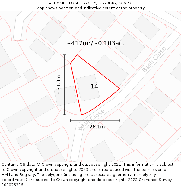14, BASIL CLOSE, EARLEY, READING, RG6 5GL: Plot and title map