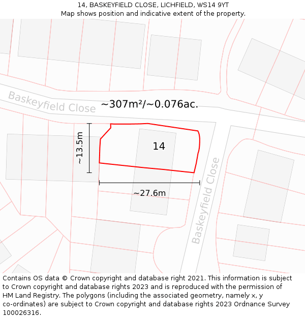 14, BASKEYFIELD CLOSE, LICHFIELD, WS14 9YT: Plot and title map