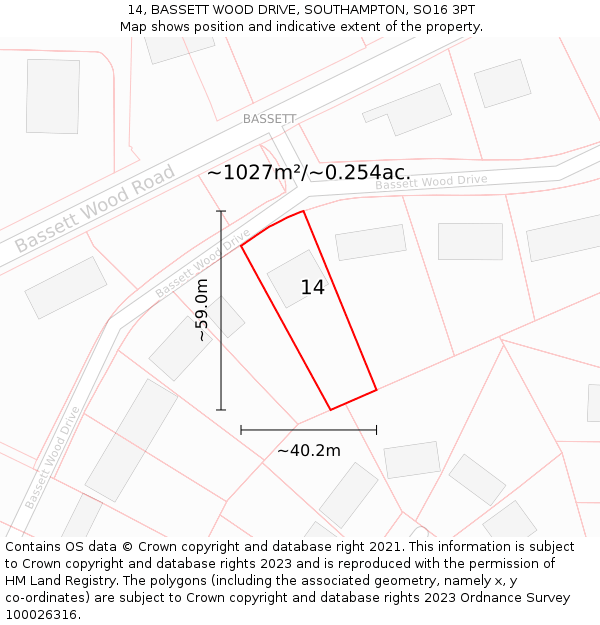 14, BASSETT WOOD DRIVE, SOUTHAMPTON, SO16 3PT: Plot and title map