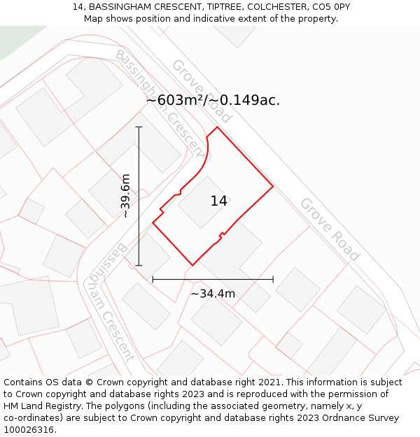 14, BASSINGHAM CRESCENT, TIPTREE, COLCHESTER, CO5 0PY: Plot and title map