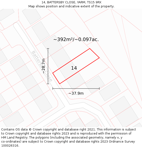 14, BATTERSBY CLOSE, YARM, TS15 9RX: Plot and title map