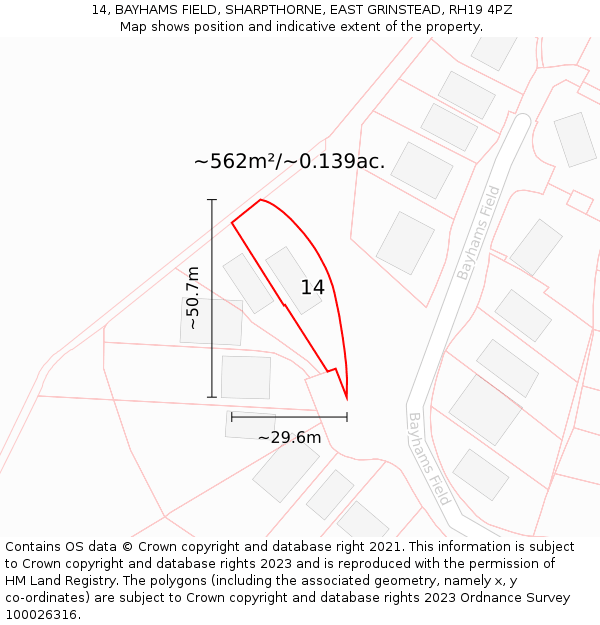 14, BAYHAMS FIELD, SHARPTHORNE, EAST GRINSTEAD, RH19 4PZ: Plot and title map