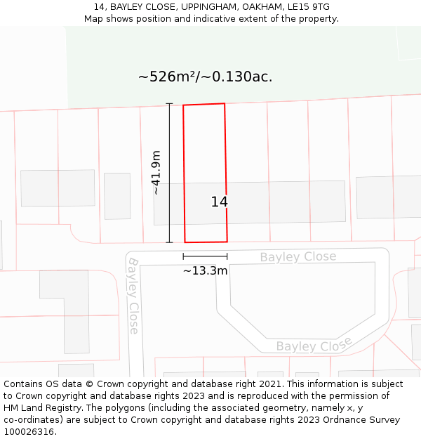 14, BAYLEY CLOSE, UPPINGHAM, OAKHAM, LE15 9TG: Plot and title map