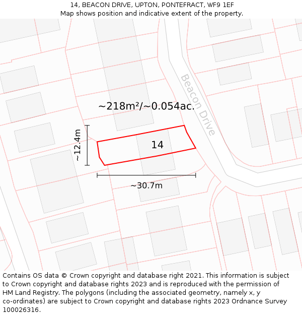 14, BEACON DRIVE, UPTON, PONTEFRACT, WF9 1EF: Plot and title map
