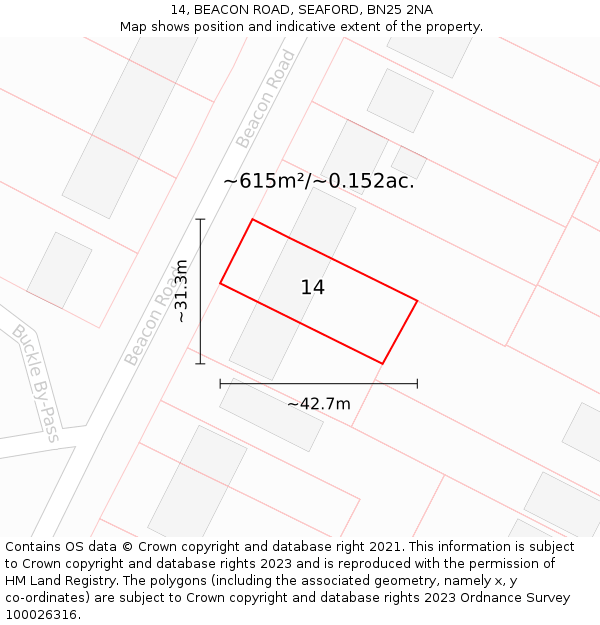 14, BEACON ROAD, SEAFORD, BN25 2NA: Plot and title map