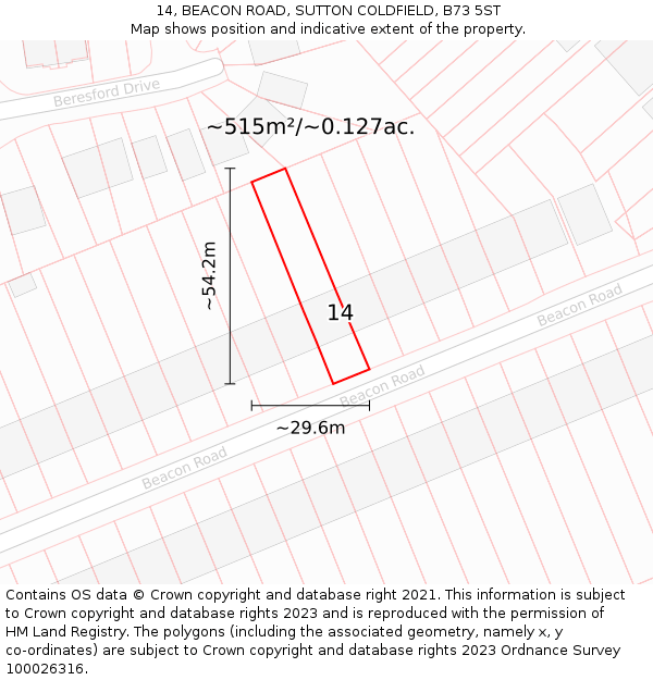 14, BEACON ROAD, SUTTON COLDFIELD, B73 5ST: Plot and title map