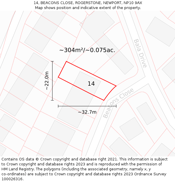 14, BEACONS CLOSE, ROGERSTONE, NEWPORT, NP10 9AX: Plot and title map