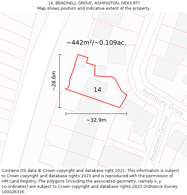 14, BEADNELL GROVE, ASHINGTON, NE63 8TY: Plot and title map