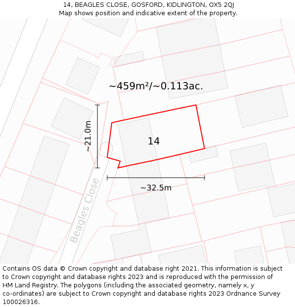 14, BEAGLES CLOSE, GOSFORD, KIDLINGTON, OX5 2QJ: Plot and title map