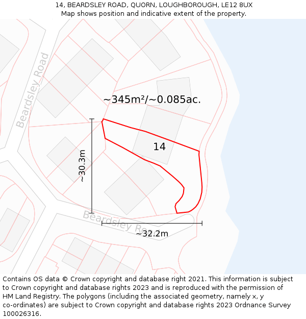 14, BEARDSLEY ROAD, QUORN, LOUGHBOROUGH, LE12 8UX: Plot and title map
