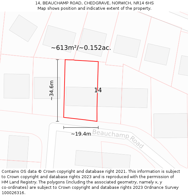 14, BEAUCHAMP ROAD, CHEDGRAVE, NORWICH, NR14 6HS: Plot and title map