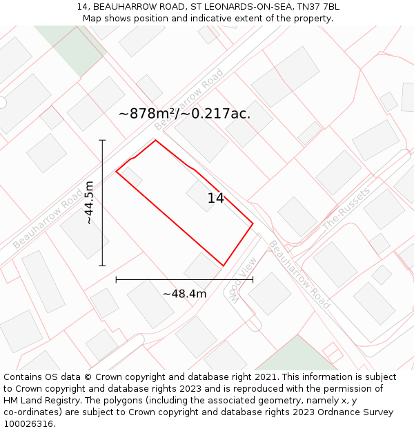 14, BEAUHARROW ROAD, ST LEONARDS-ON-SEA, TN37 7BL: Plot and title map