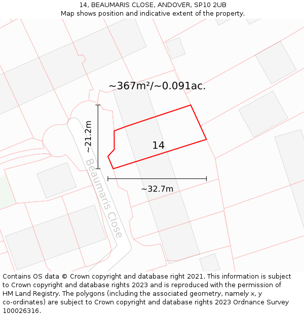 14, BEAUMARIS CLOSE, ANDOVER, SP10 2UB: Plot and title map